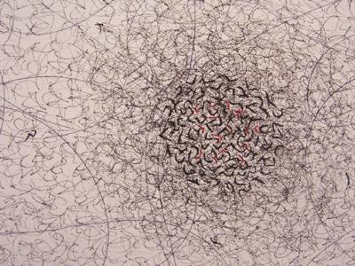 Ana Garcia, Chaotic Confinement 5, detail, 2007, India ink pen and marker on paper, 52 x 96 inches